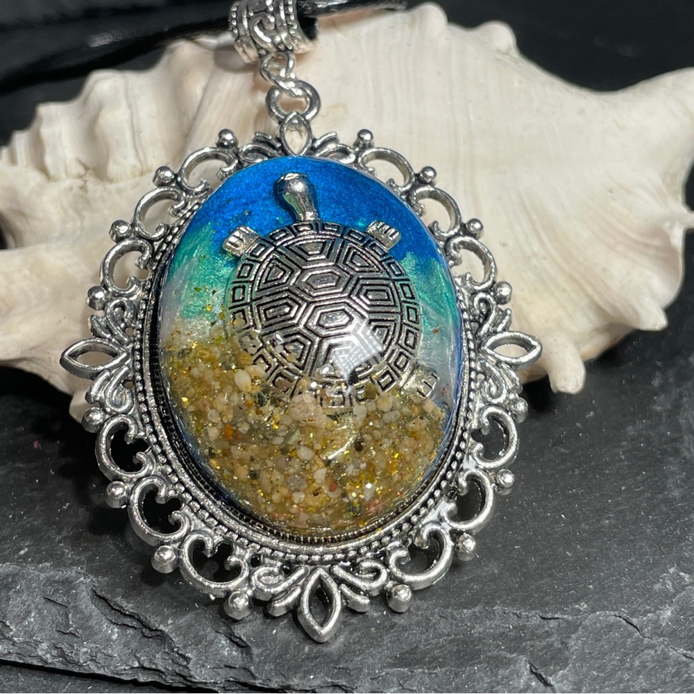 SoCal Sand Custom Made Turtle Pendant With Blue Green And Gold Accents - Picture 3 of 11